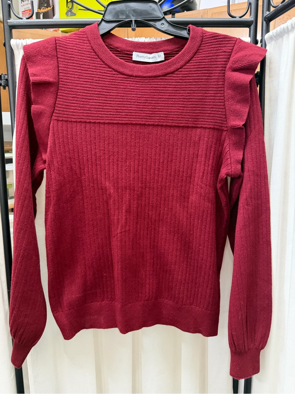 Pretty Garden Burgundy Ruffle-Shoulder Crew Sweater